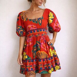 Maude Vivante Aria Dress Medium Red Floral Puff Sleeves Colorful Vacation Resort